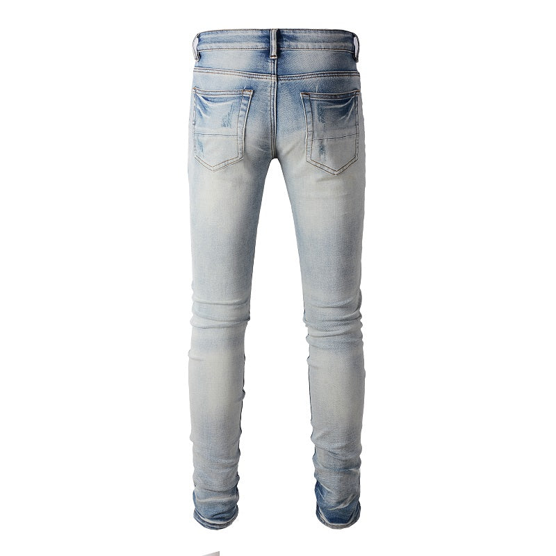 Ripped Panelled Patched Jean - Bleached Blue
