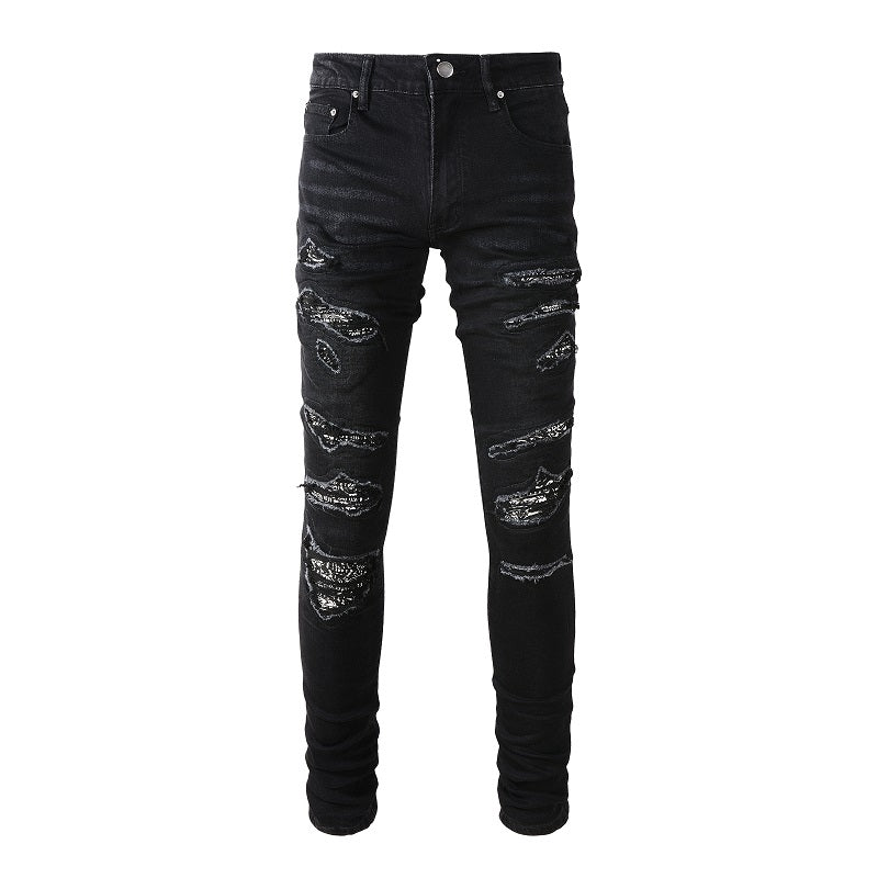 Ripped Panelled Multi Bandana Jean - Black