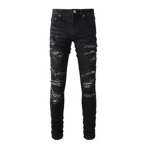 Ripped Panelled Multi Bandana Jean - Black