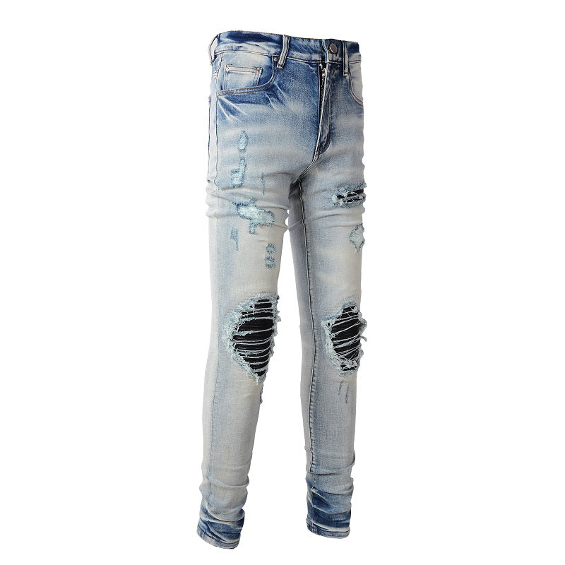 Ripped Panelled Patched Jean - Bleached Blue