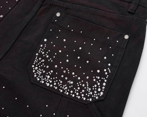 Rhinestone Cargo Denim Shorts - Black