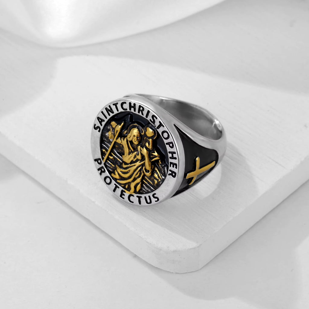 St Christopher Ring - Gold & Steel