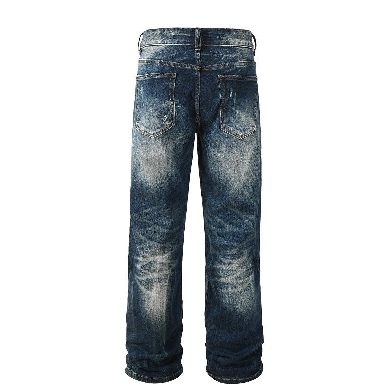 Straight Ripped Baggy Denim Jean - Dark Blue Fade