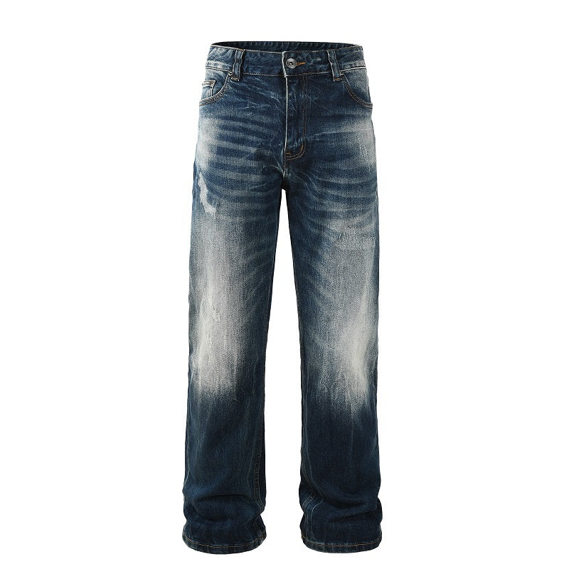 Straight Ripped Baggy Denim Jean - Dark Blue Fade