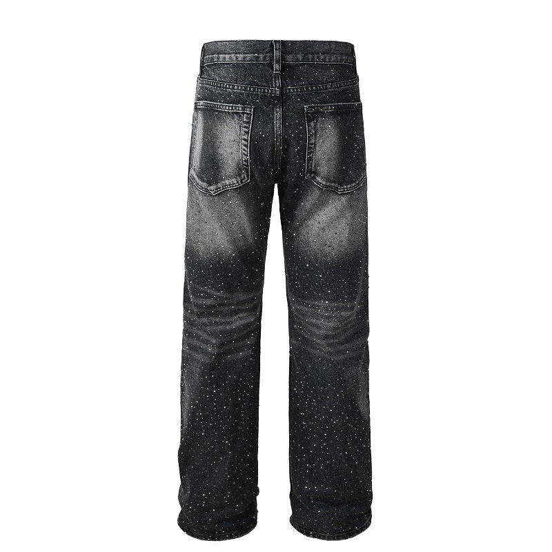 Rhinestone Ripped Knee Baggy Jean - Washed Black