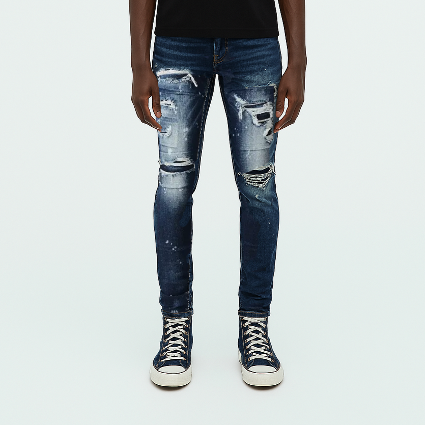 Ripped & Repaired Jean - Dark Blue Fade