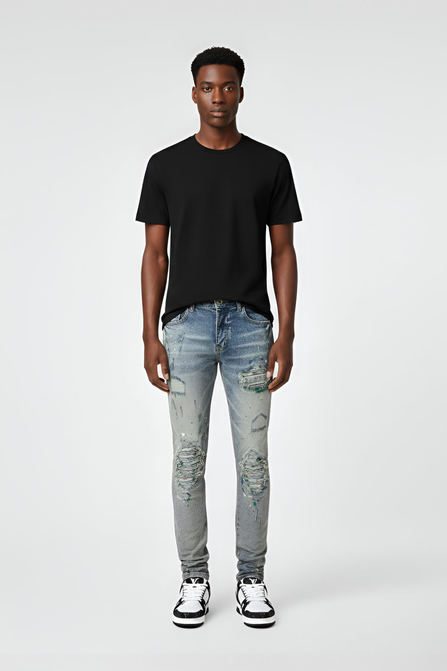 Ripped Paint Splash Panelled Jean - Light Blue