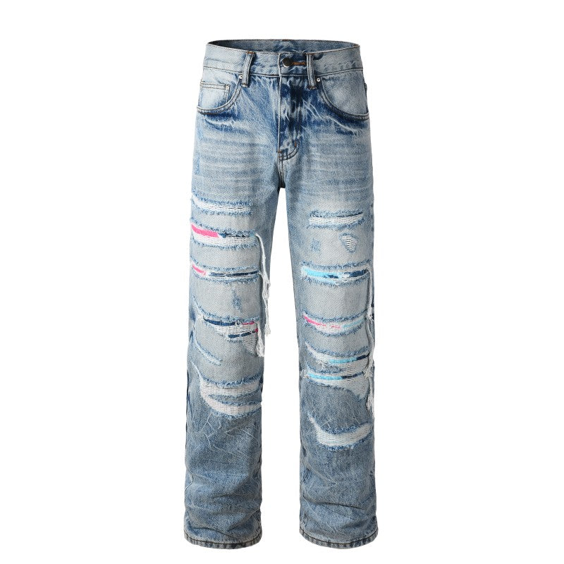 Colour Patched Ripped Straight Jean - Ice Blue