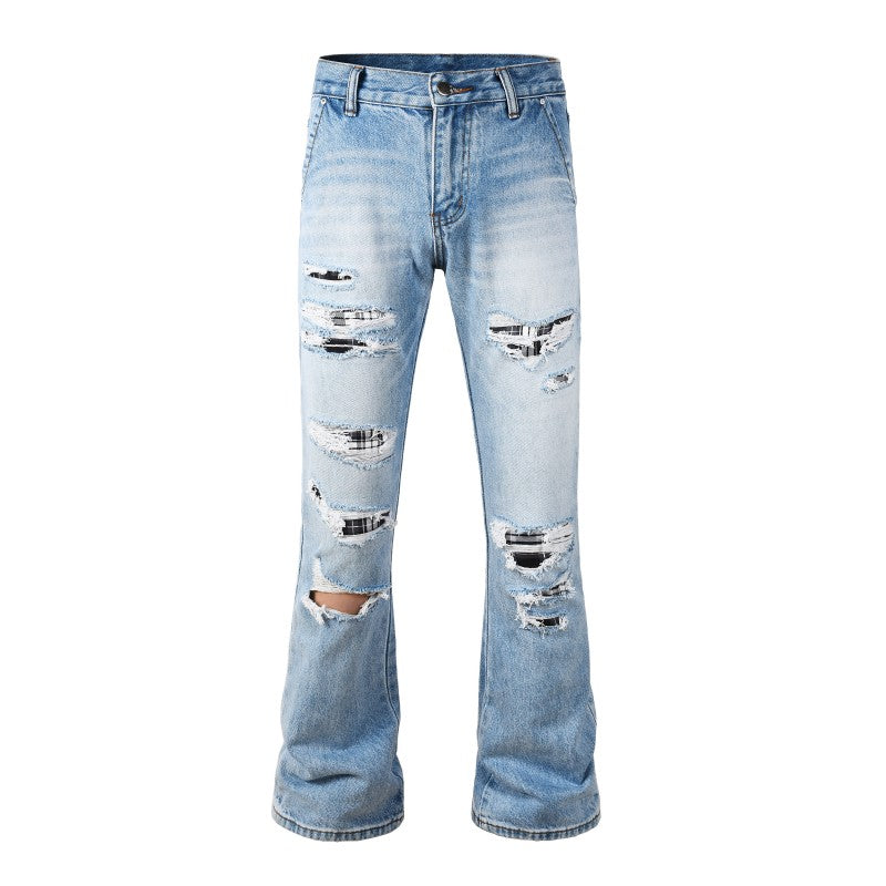 Plaid Patched Ripped Flared Jean - Light Blue