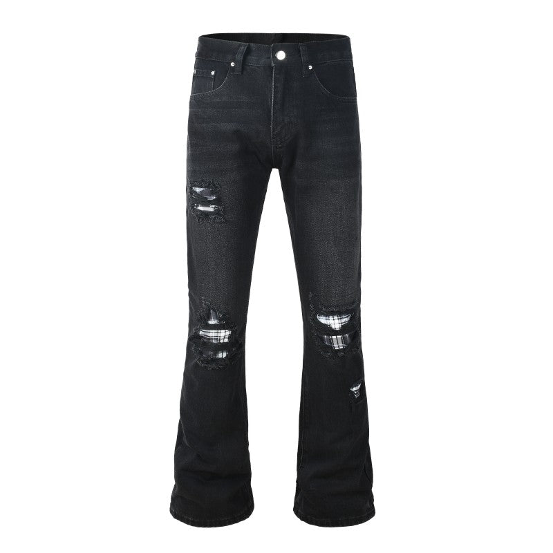 Plaid Patched Ripped Flared Jean - Black