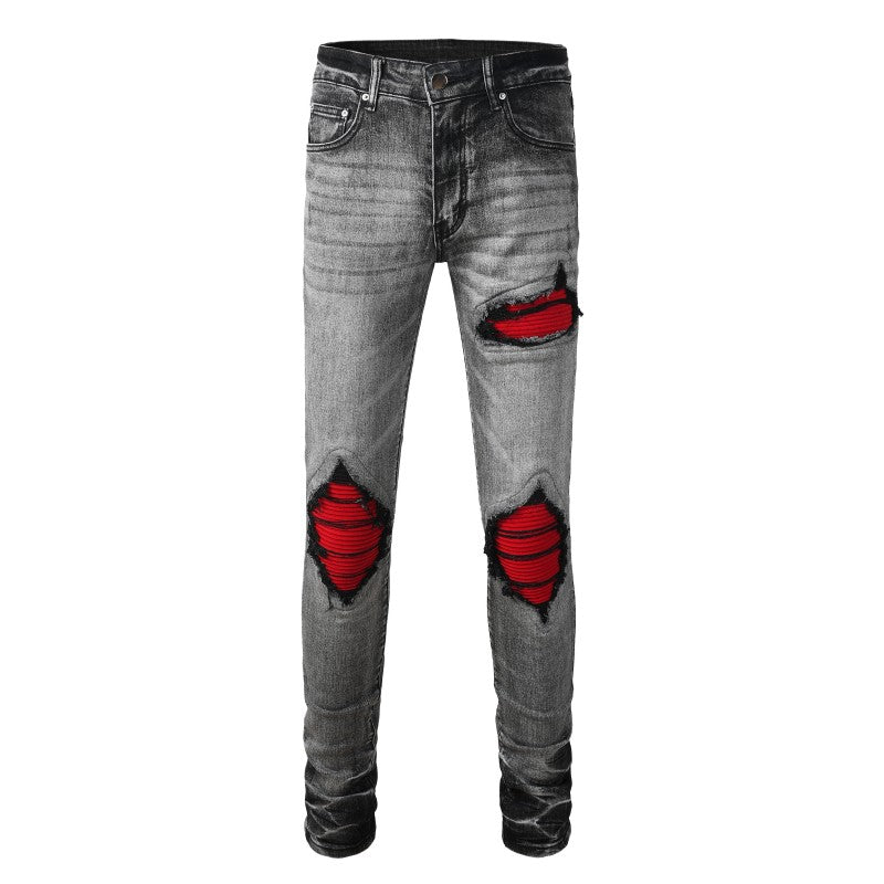Ripped Red Patched Panel Jean - Grey