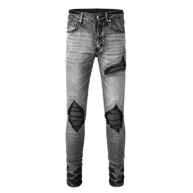 Ripped Black Patched Panel Jean - Grey Wash