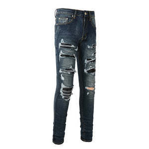 Ripped Panelled Patched Jean - Dark Blue