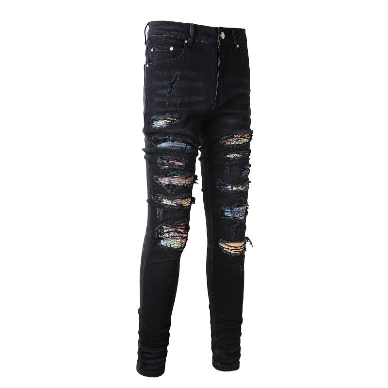 Ripped Panelled Multi Bandana Jean - Black