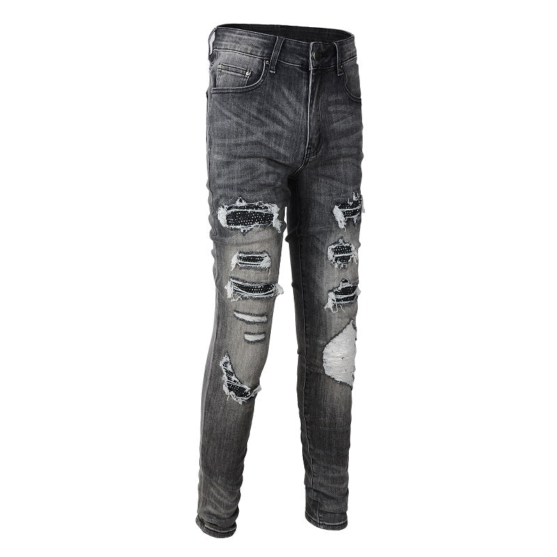 Ripped & Repaired Rhinestone Jean - Washed Black