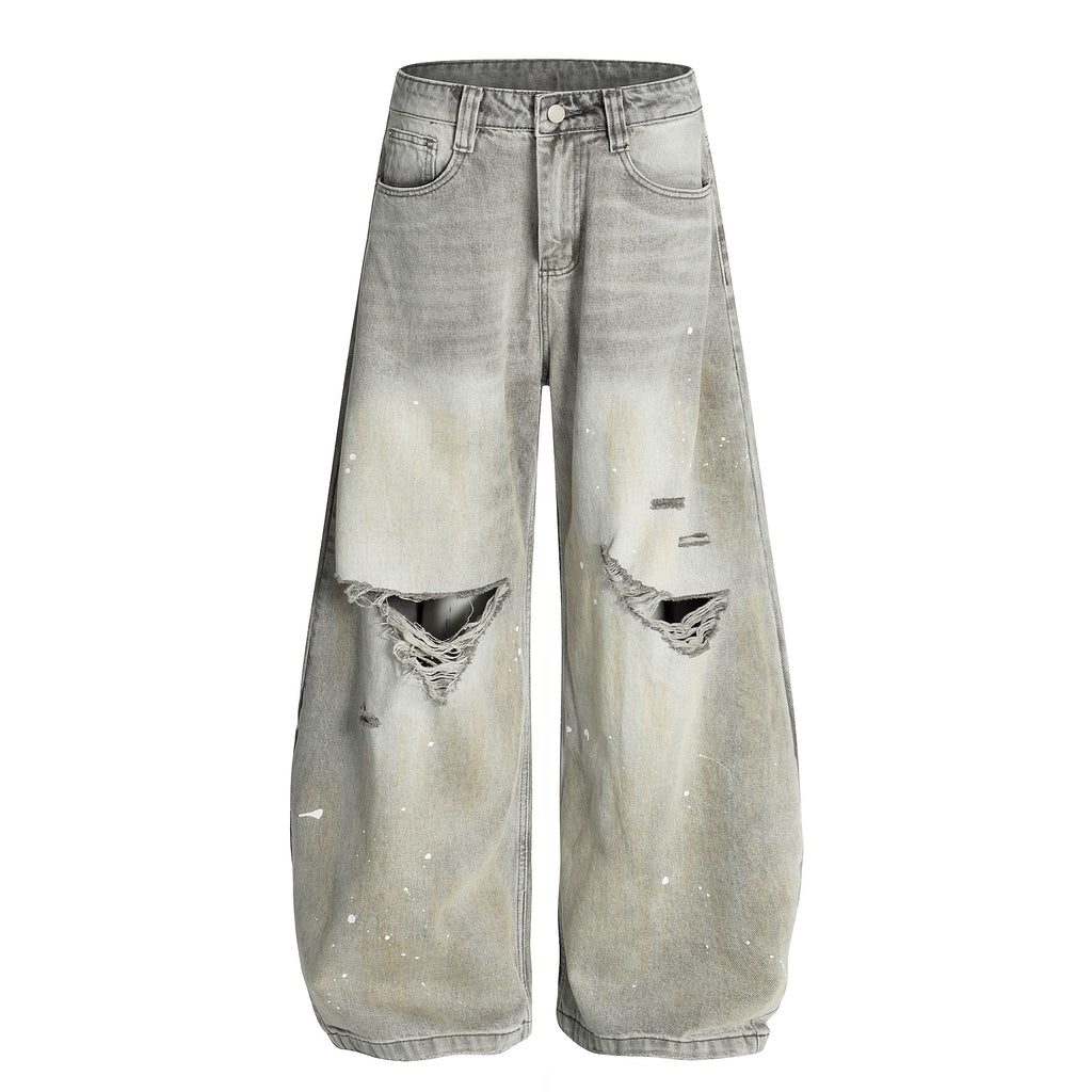 Oversized Baggy Wide Leg Ripped Denim Jean - Light Grey