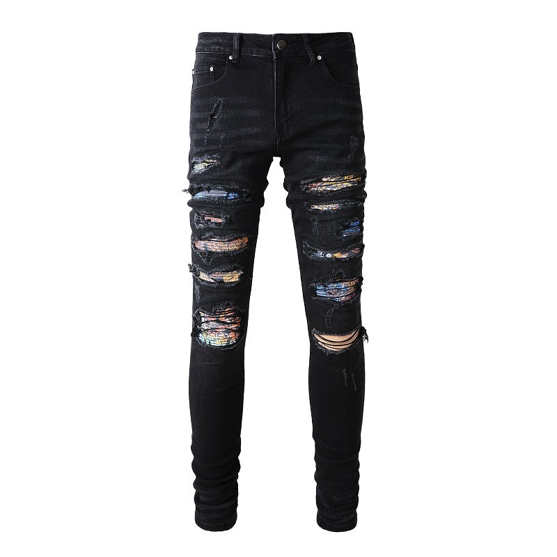 Ripped Panelled Multi Bandana Jean - Black