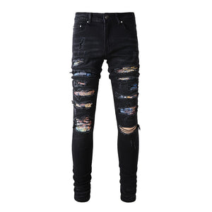 Ripped Panelled Multi Bandana Jean - Black