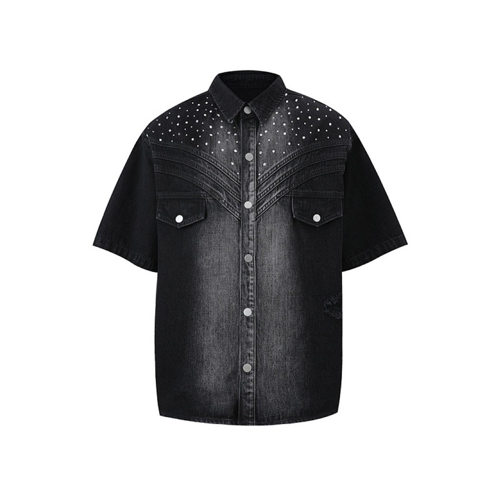 Rhinestone Denim Shirt - Black