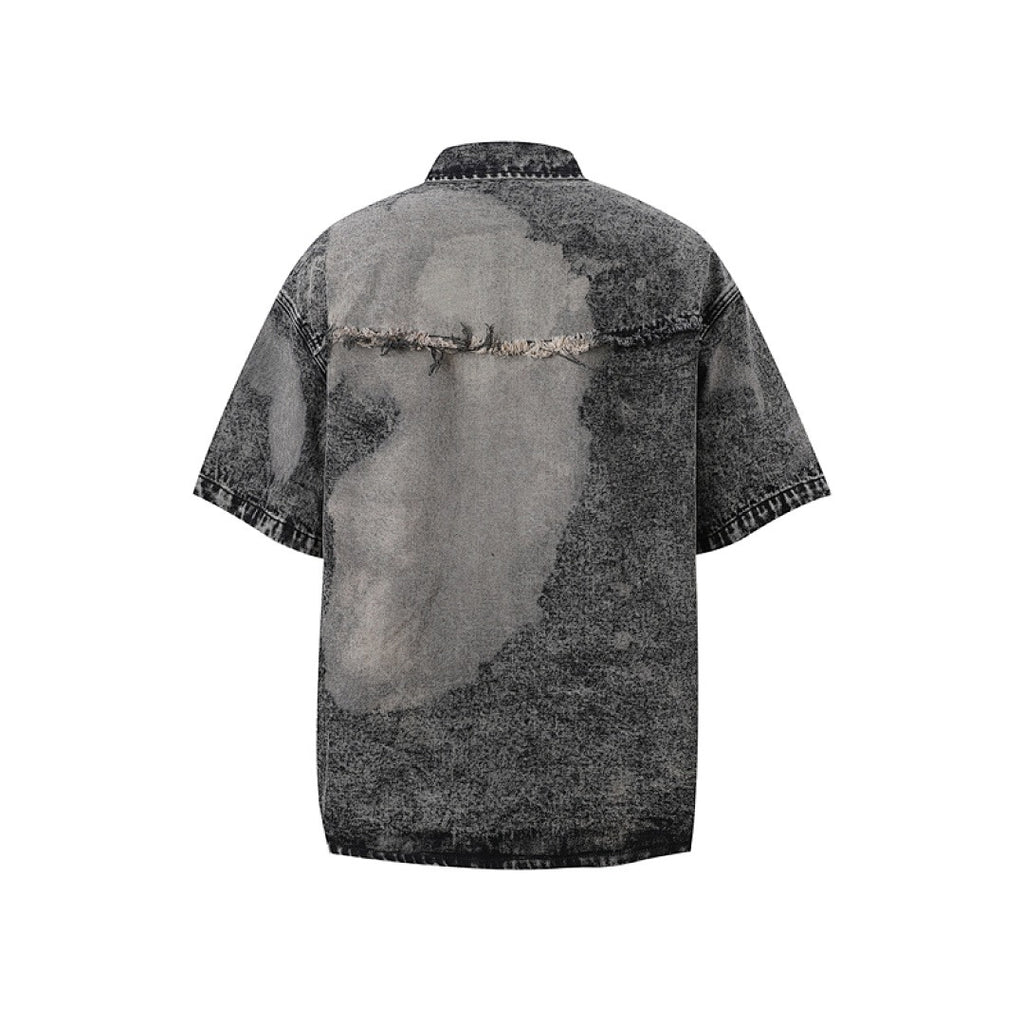 Short Sleeve Acid Denim Shirt - Black