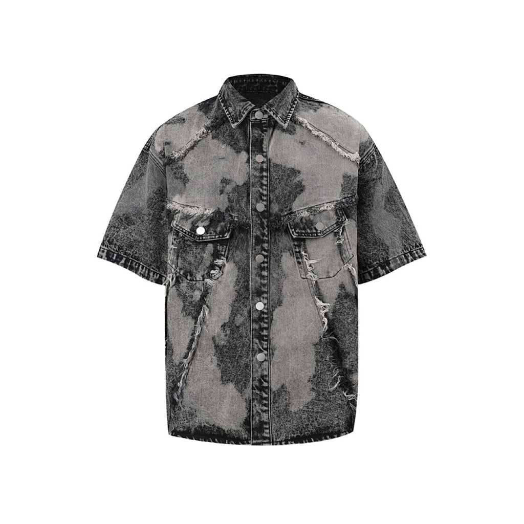 Short Sleeve Acid Denim Shirt - Black