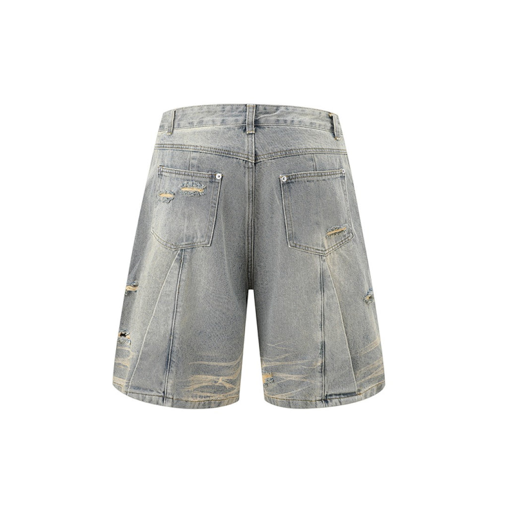 Ripped Washed Denim Shorts - Blue