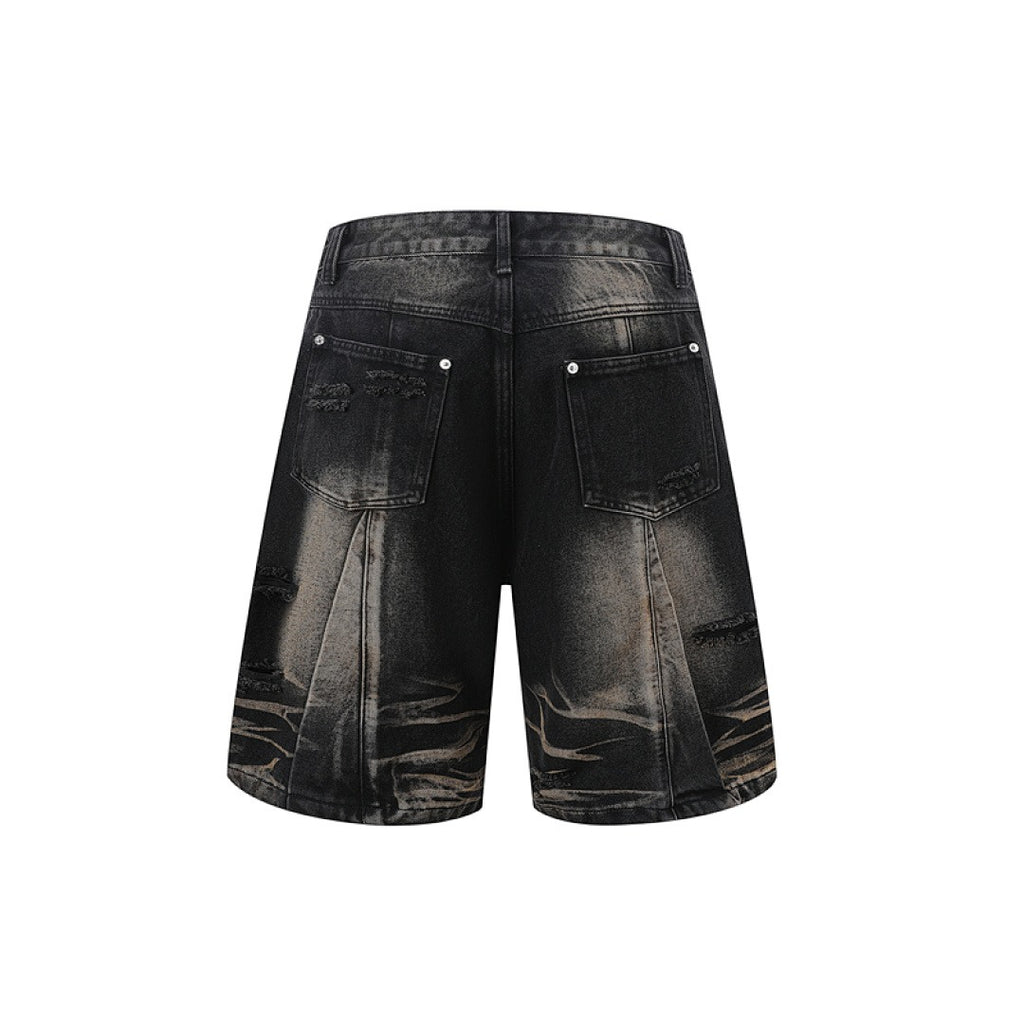 Ripped Washed Denim Shorts - Black