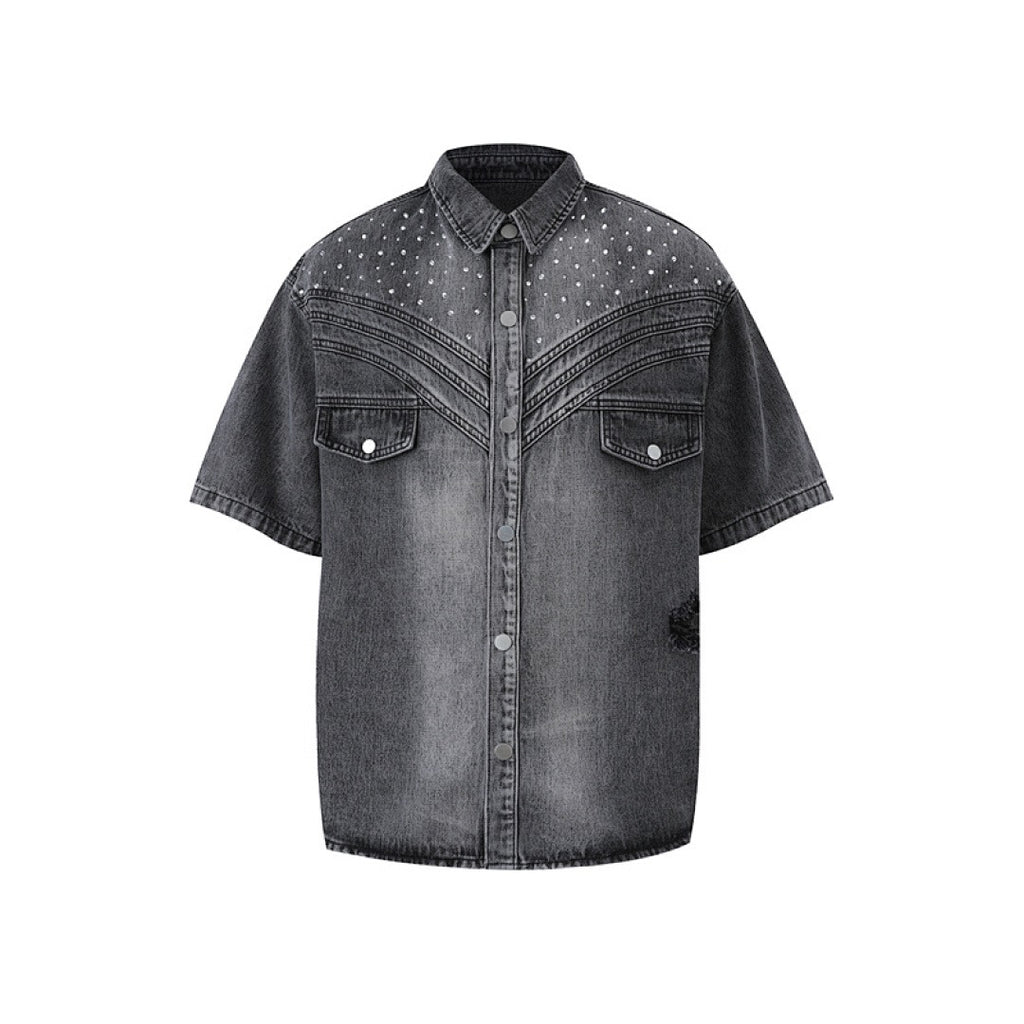 Rhinestone Denim Ripped Shirt - Grey