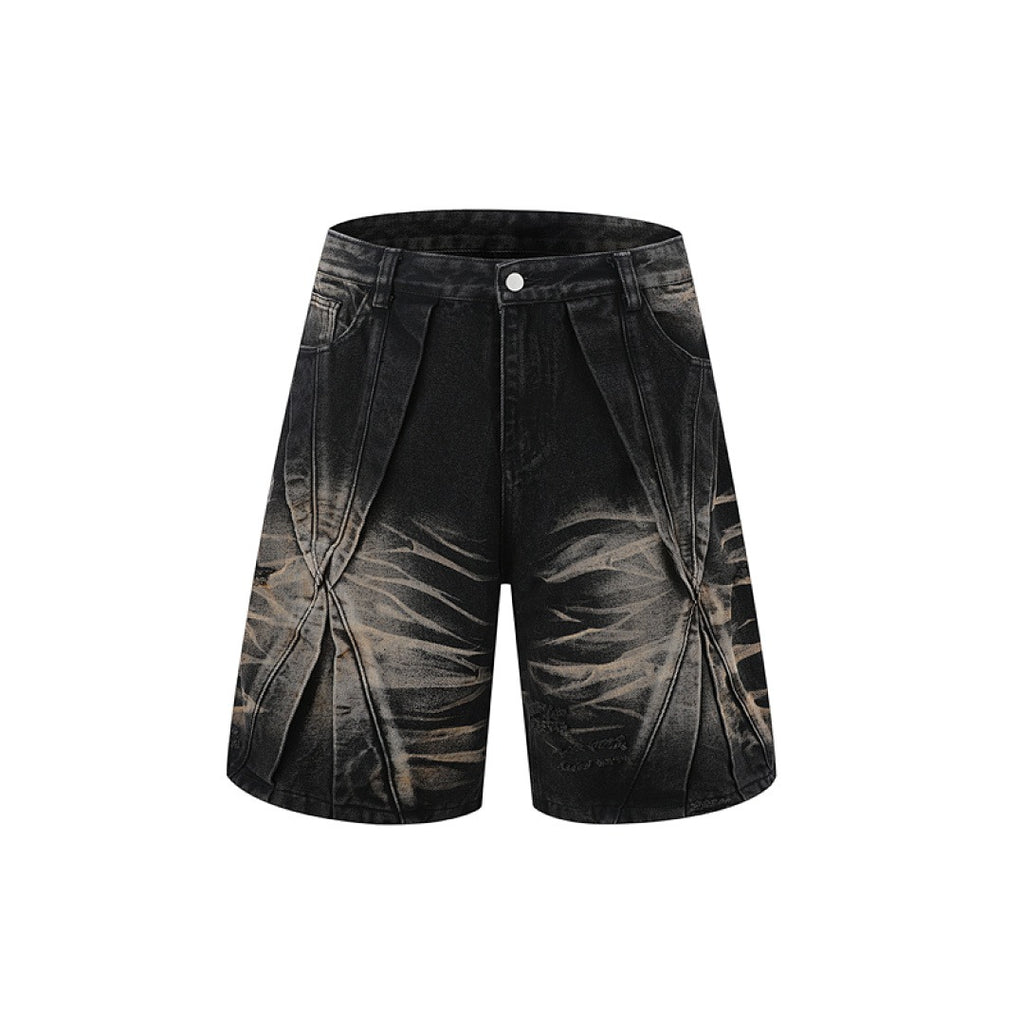 Ripped Washed Denim Shorts - Black