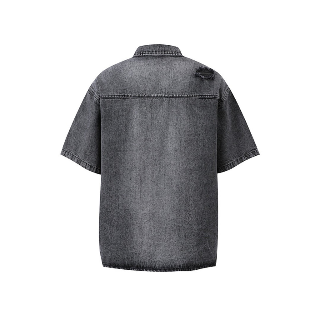 Rhinestone Denim Ripped Shirt - Grey