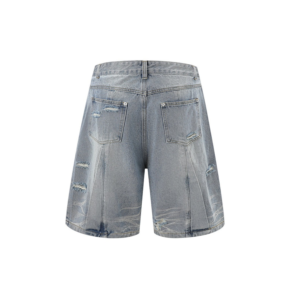 Ripped Washed Denim Shorts - Light Blue