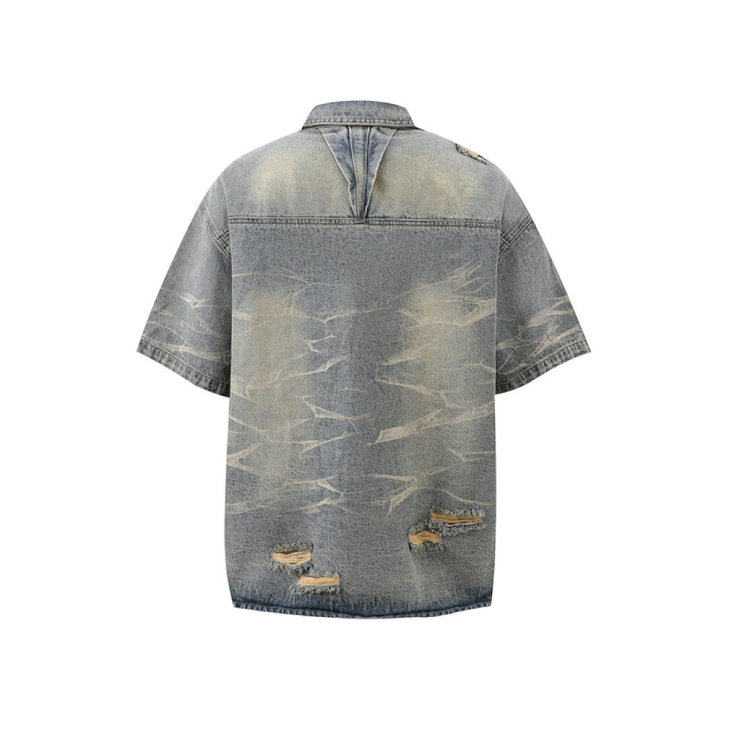 Ripped Washed Denim Shirt - Blue
