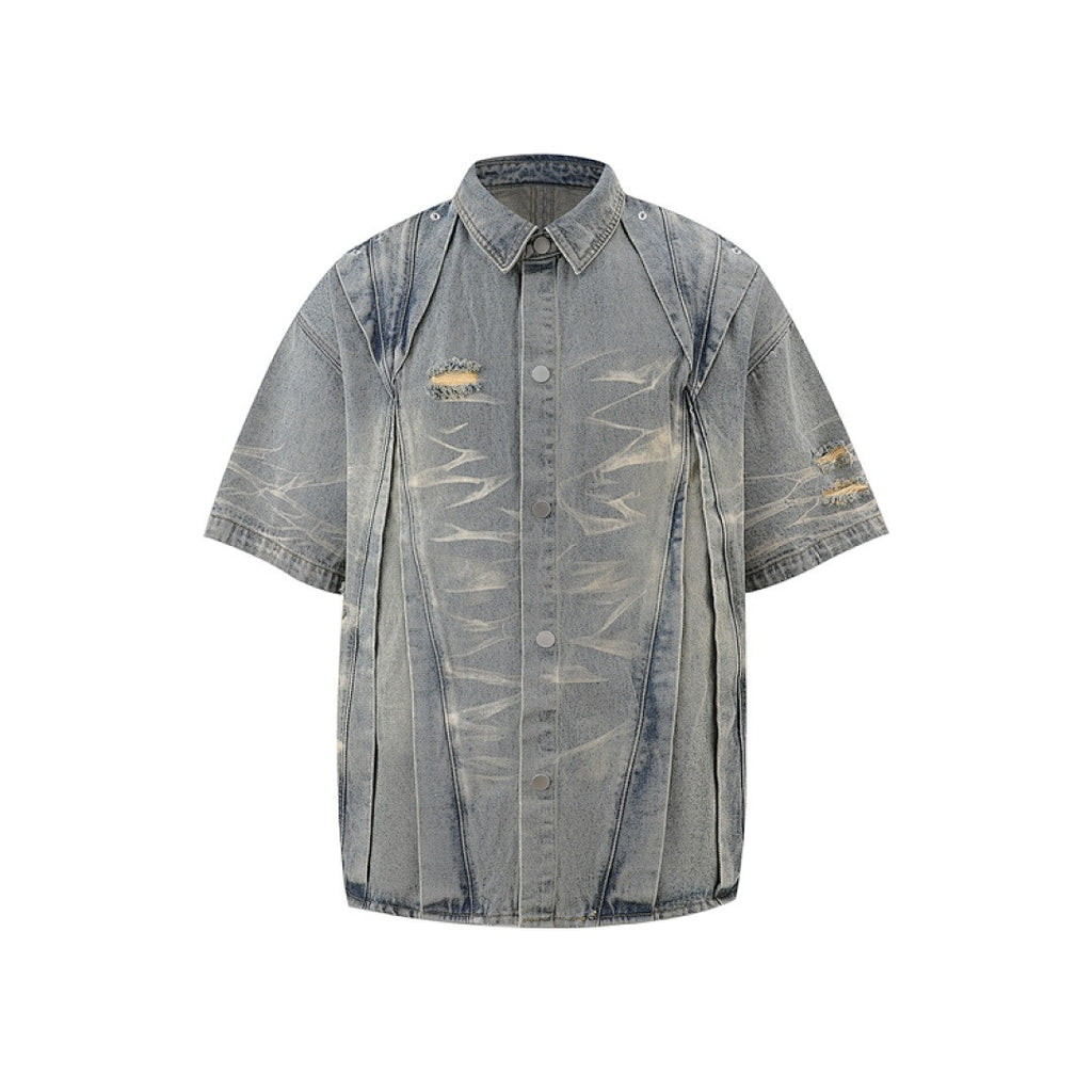 Ripped Washed Denim Shirt - Blue