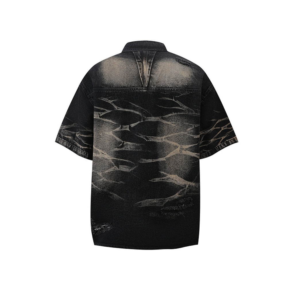 Ripped Washed Denim Shirt - Black