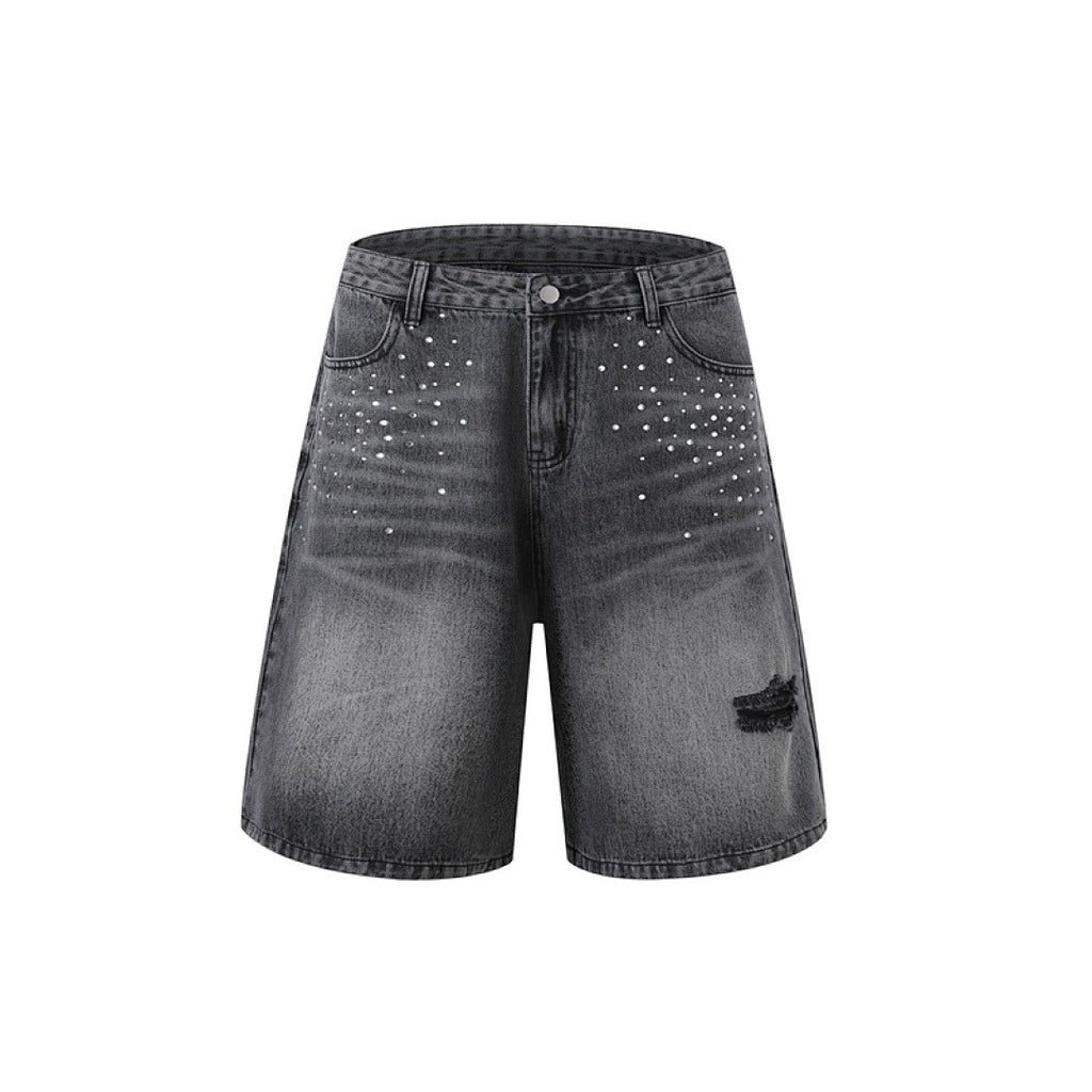 Rhinestone Denim Shorts - Grey