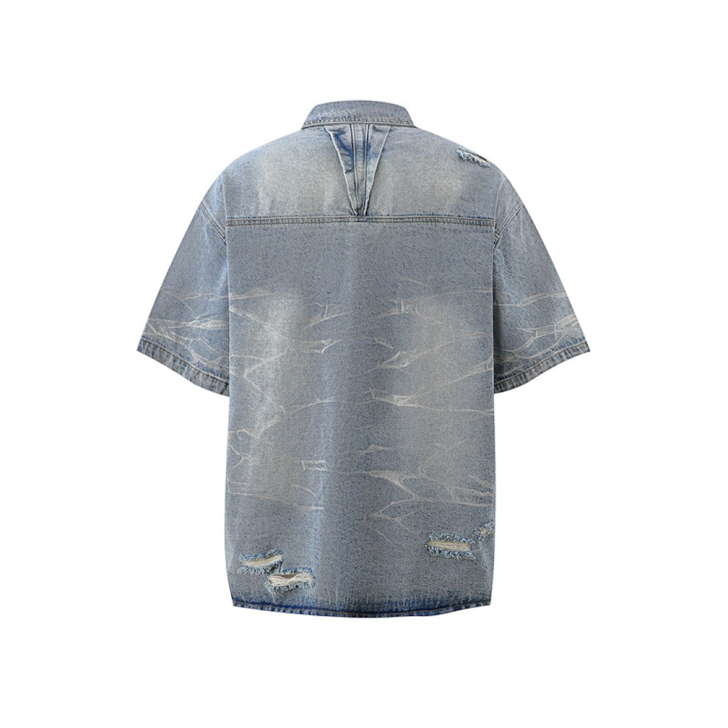 Ripped Washed Denim Shirt - Light Blue