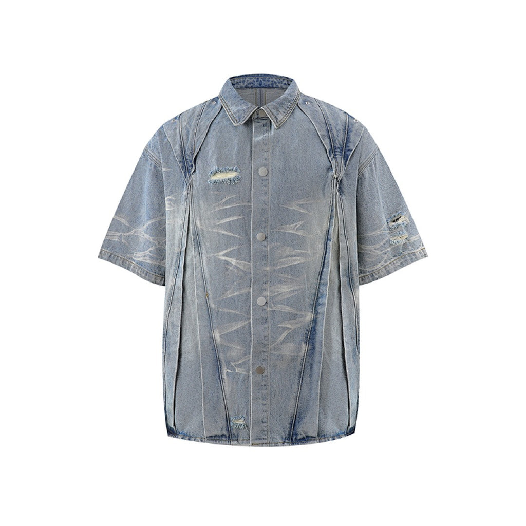 Ripped Washed Denim Shirt - Light Blue