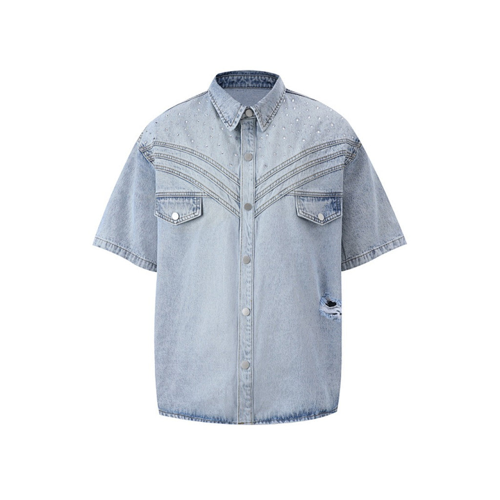 Rhinestone Denim Ripped Shirt - Light Blue