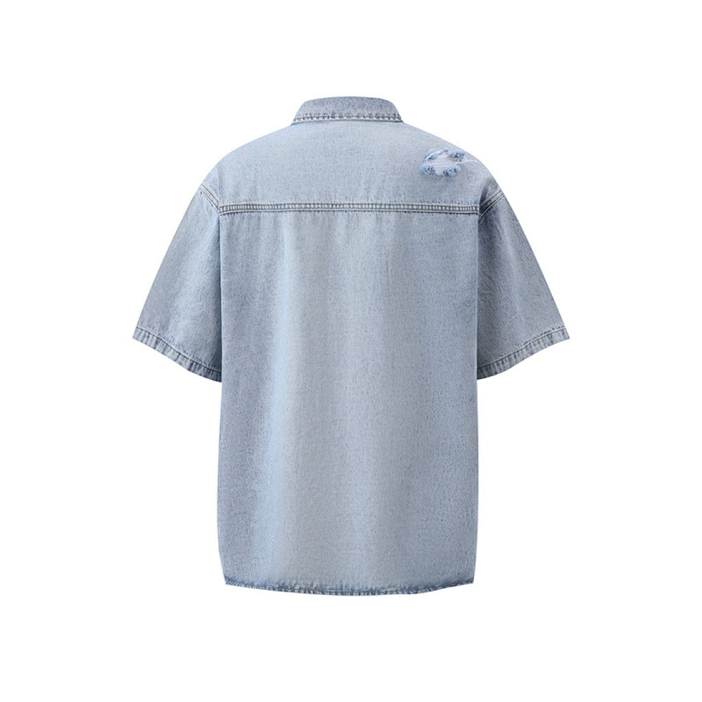 Rhinestone Denim Ripped Shirt - Light Blue