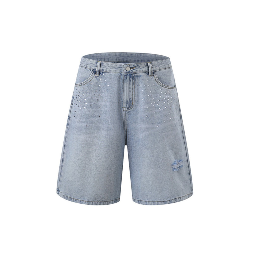 Rhinestone Denim Shorts - Light Blue