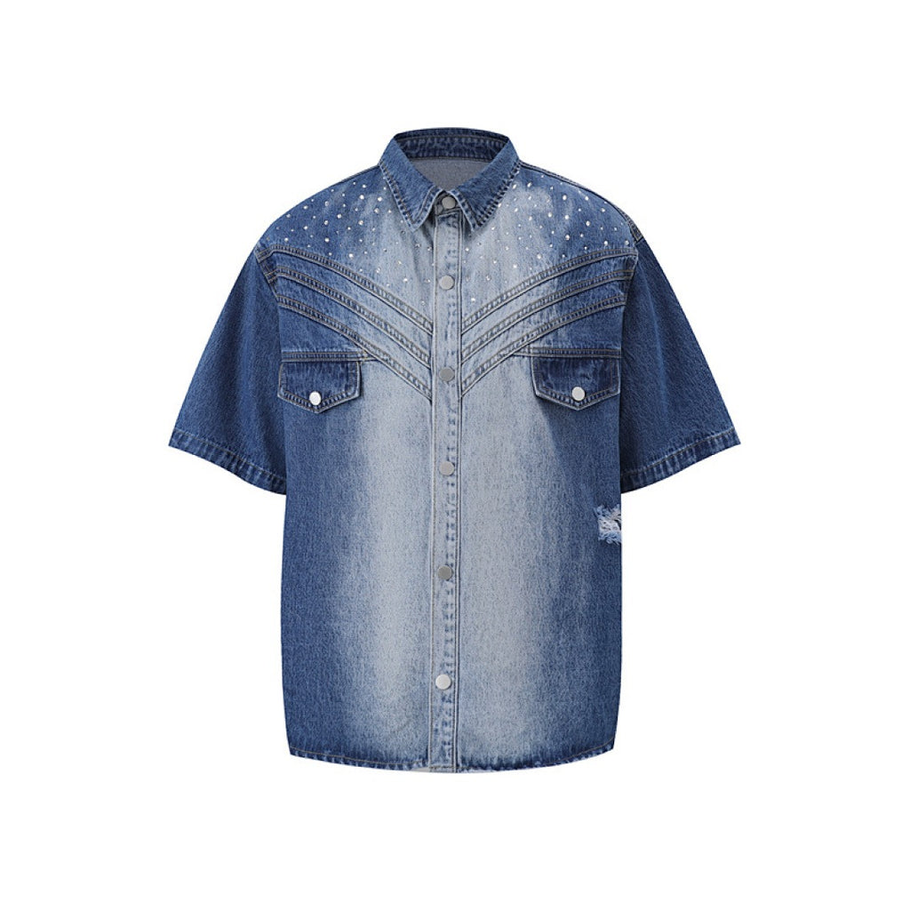 Rhinestone Denim Ripped Shirt - Blue