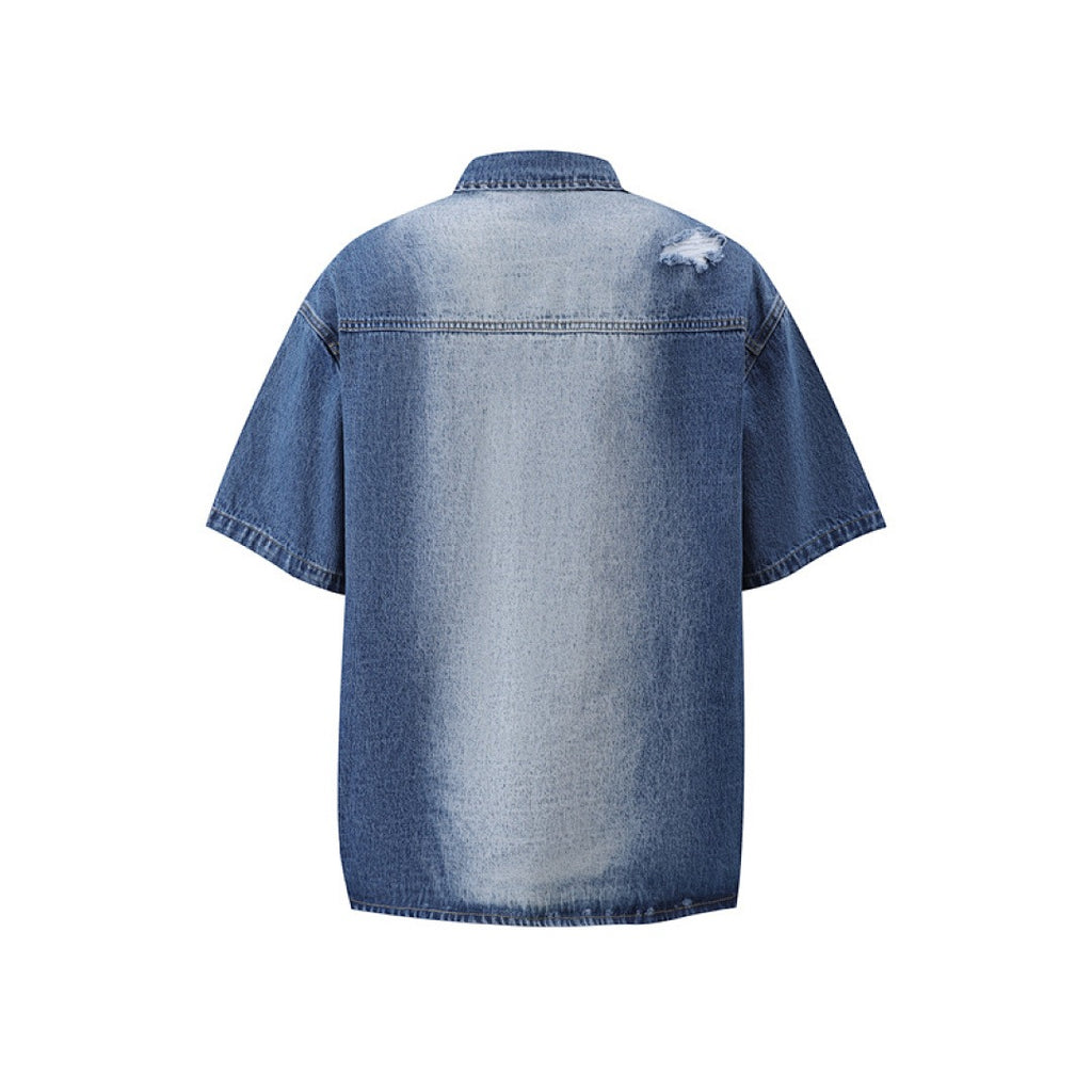 Rhinestone Denim Ripped Shirt - Blue