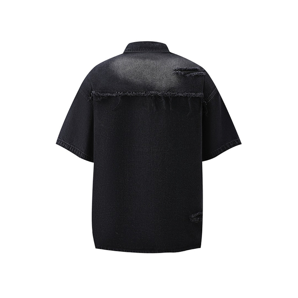 Short Sleeve Ripped Denim Shirt - Washed Black