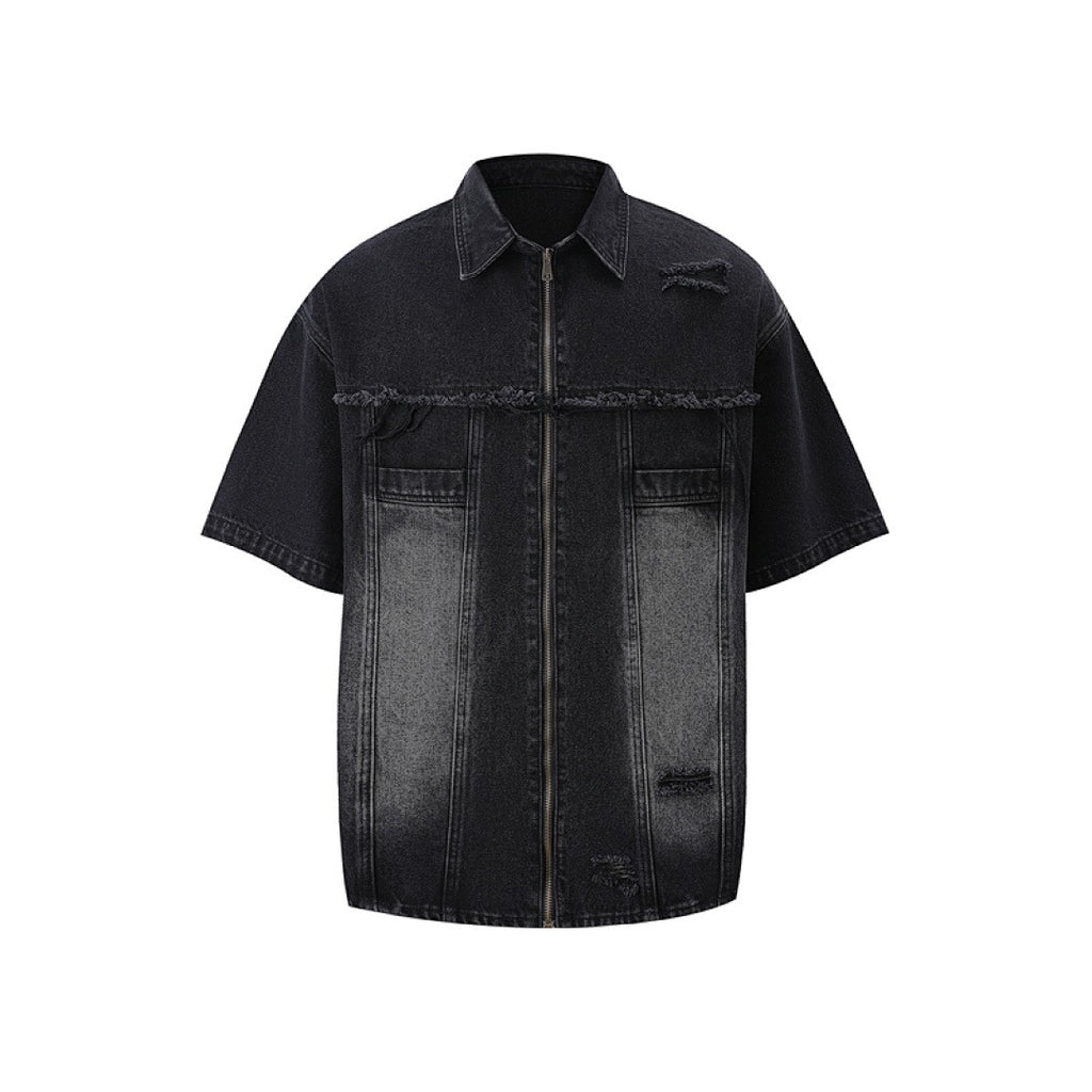 Short Sleeve Ripped Denim Shirt - Washed Black