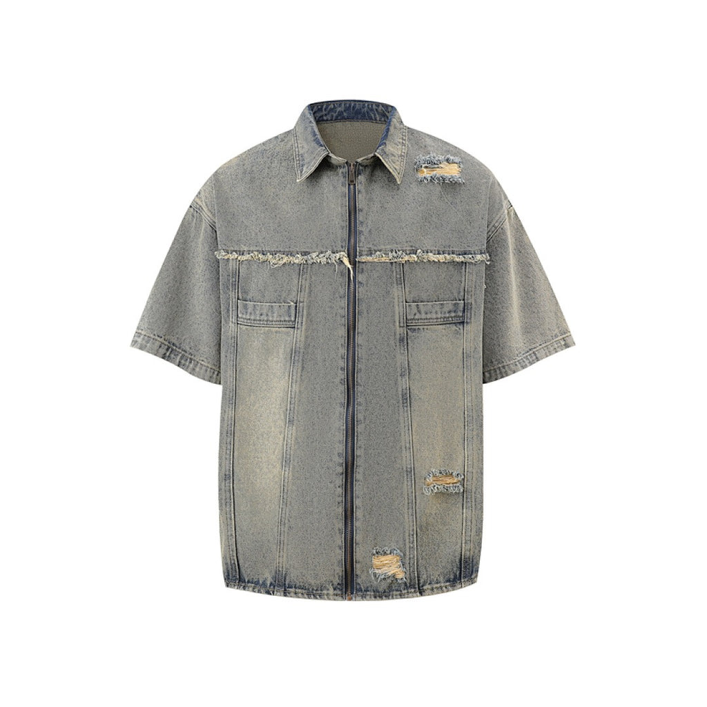 Short Sleeve Ripped Denim Shirt - Vintage Wash