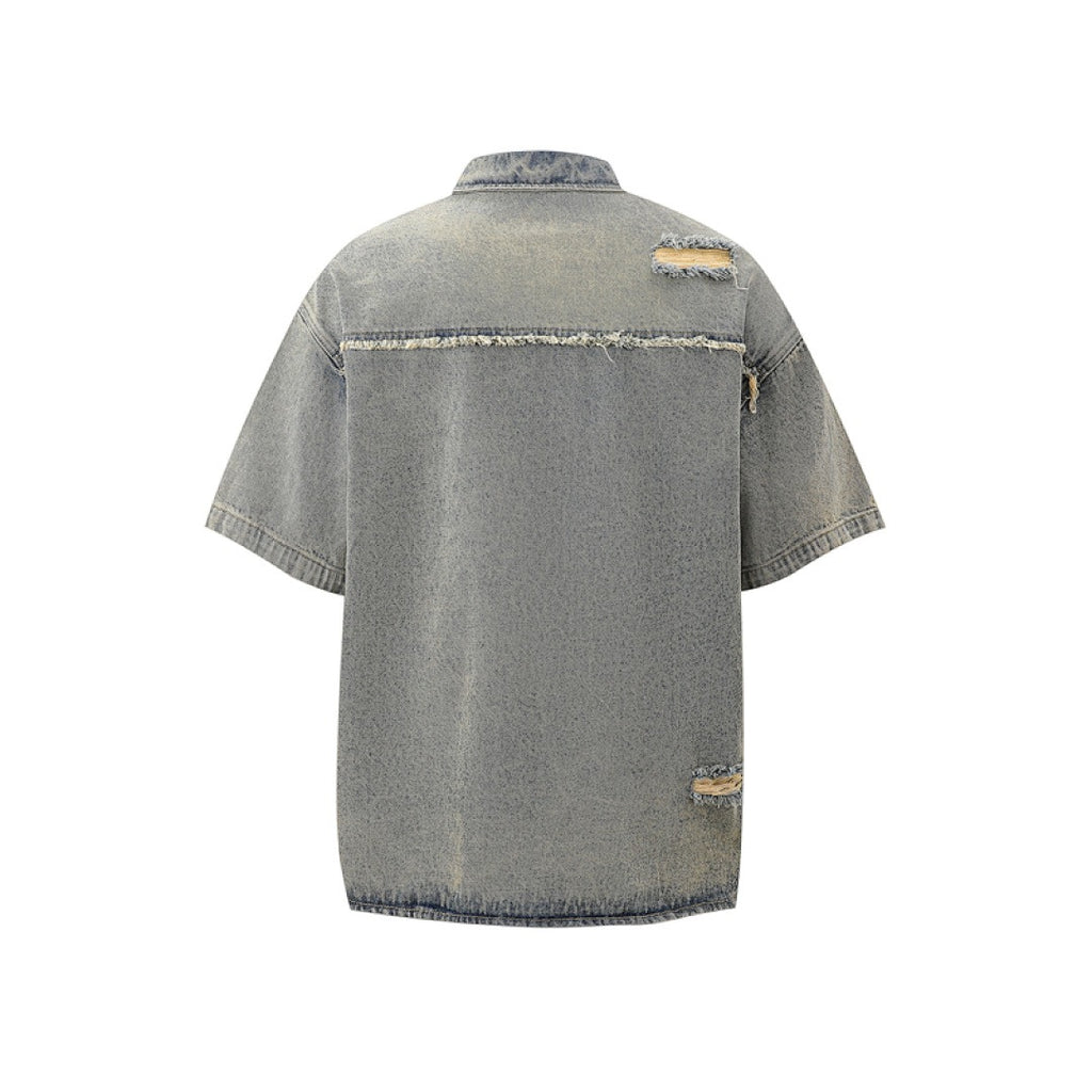 Short Sleeve Ripped Denim Shirt - Vintage Wash