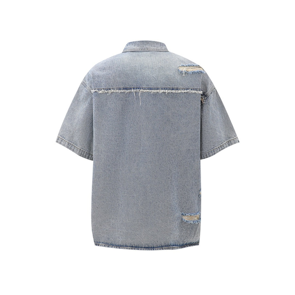 Short Sleeve Ripped Denim Shirt - Light Blue Wash