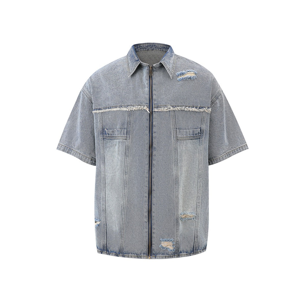 Short Sleeve Ripped Denim Shirt - Light Blue Wash