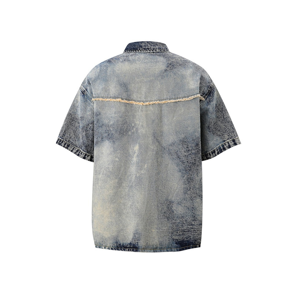 Short Sleeve Acid Denim Shirt - Blue