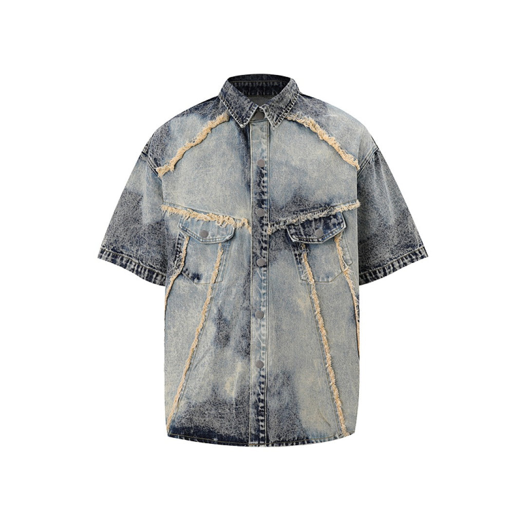 Short Sleeve Acid Denim Shirt - Blue